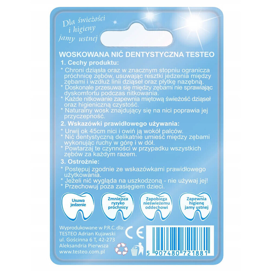 Testeo, waxed dental floss, menthol, 50 m