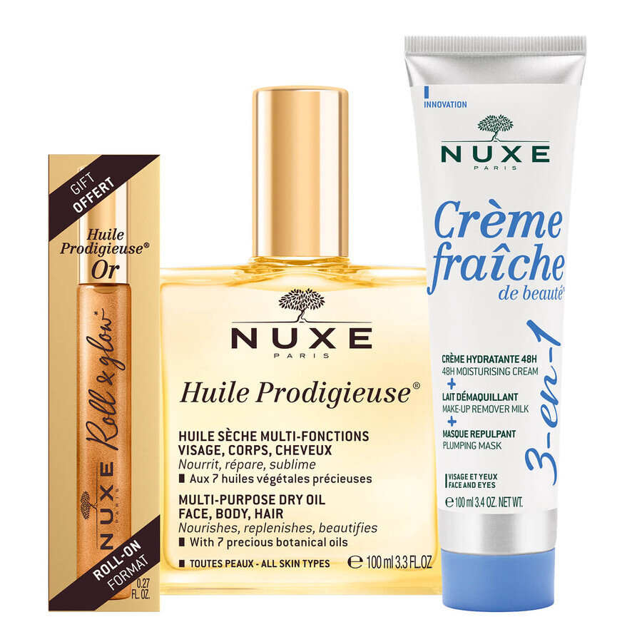 Coffret Nuxe Huile Prodigieuse, huile sèche corps, visage et cheveux, 100 ml + Huile Prodigieuse Or, huile roll-on, 8 ml + Crème hydratante 3 en 1, 100 ml pour 1 sou