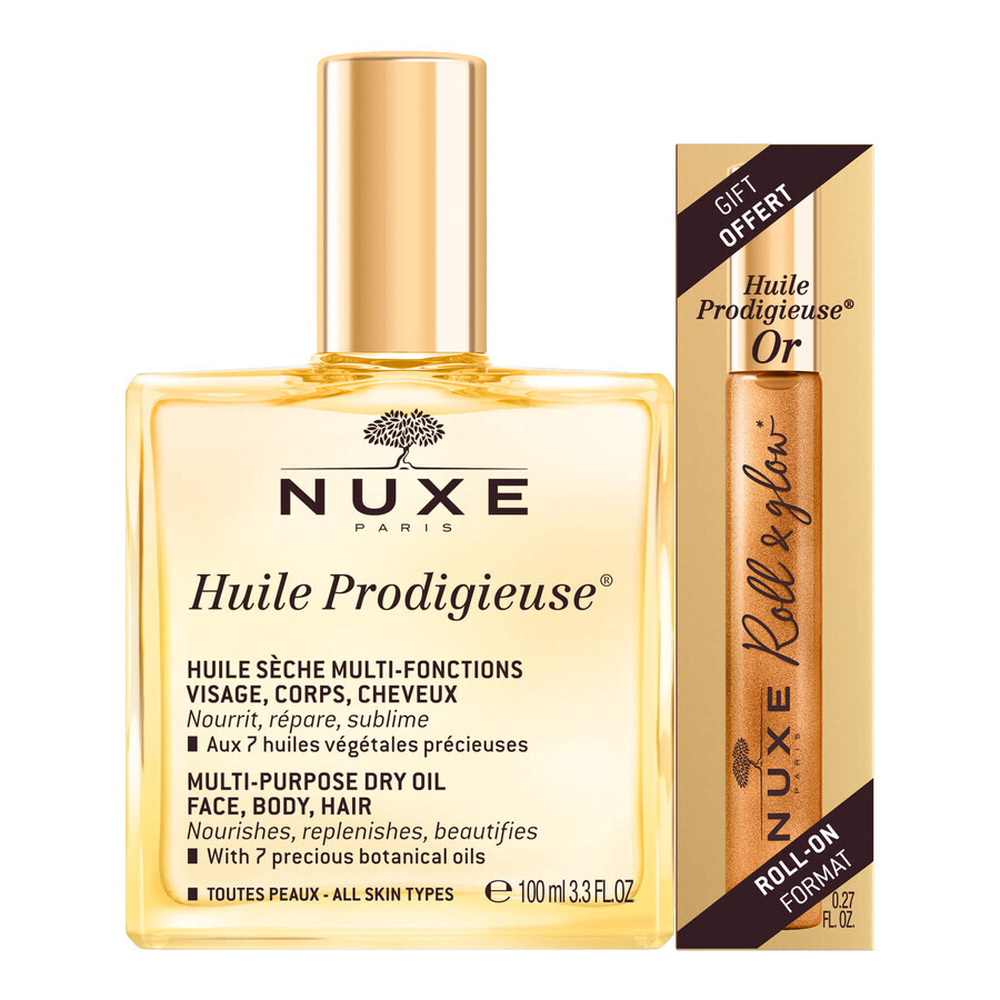 Coffret Nuxe Huile Prodigieuse, huile sèche corps, visage et cheveux, 100 ml + Huile Prodigieuse Or, huile roll-on, 8 ml + Crème hydratante 3 en 1, 100 ml pour 1 sou