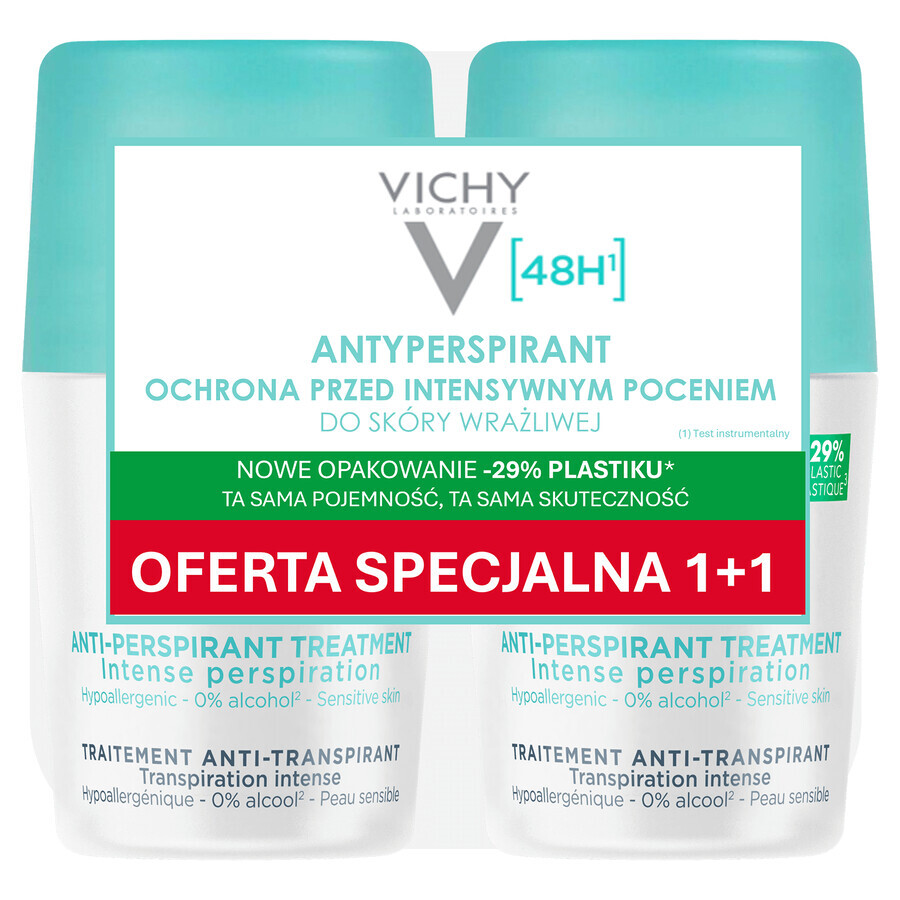 Vichy, antitranspirante roll-on, tratamiento antitranspirante contra la sudoración excesiva, 48 h, 2 x 50 ml