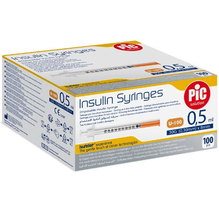 Pic Solution Insulinespuiten, 0,5 ml insulinespuit met 31G (0,25 mm) x 8 mm naald, 100 stuks