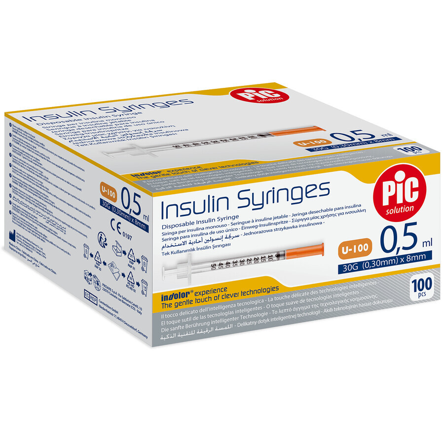 Seringi de insulină Pic Solution, seringă de insulină de 0,5 ml cu ac 31G (0,25 mm) x 8 mm, 100 bucăți