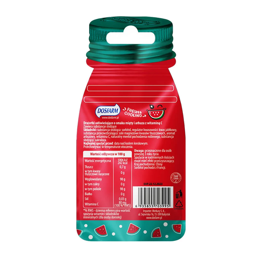 Dosfarm Dragees refrescantes con vitamina C, sabor sandía y menta, 16 g