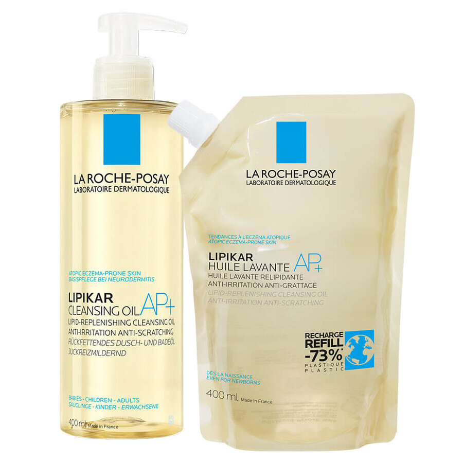 Set La Roche-Posay Lipikar AP+, huile nettoyante, reconstitution des lipides contre les irritations cutanées, 400 ml + réserve, 400 ml