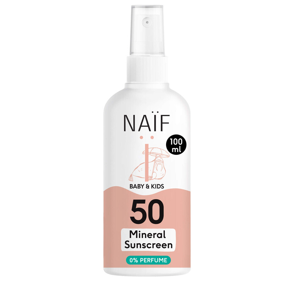 Naif Baby & Kids, minerale zonnebrandspray voor baby's en kinderen, vanaf de geboorte, SPF 50, ongeparfumeerd, 100 ml