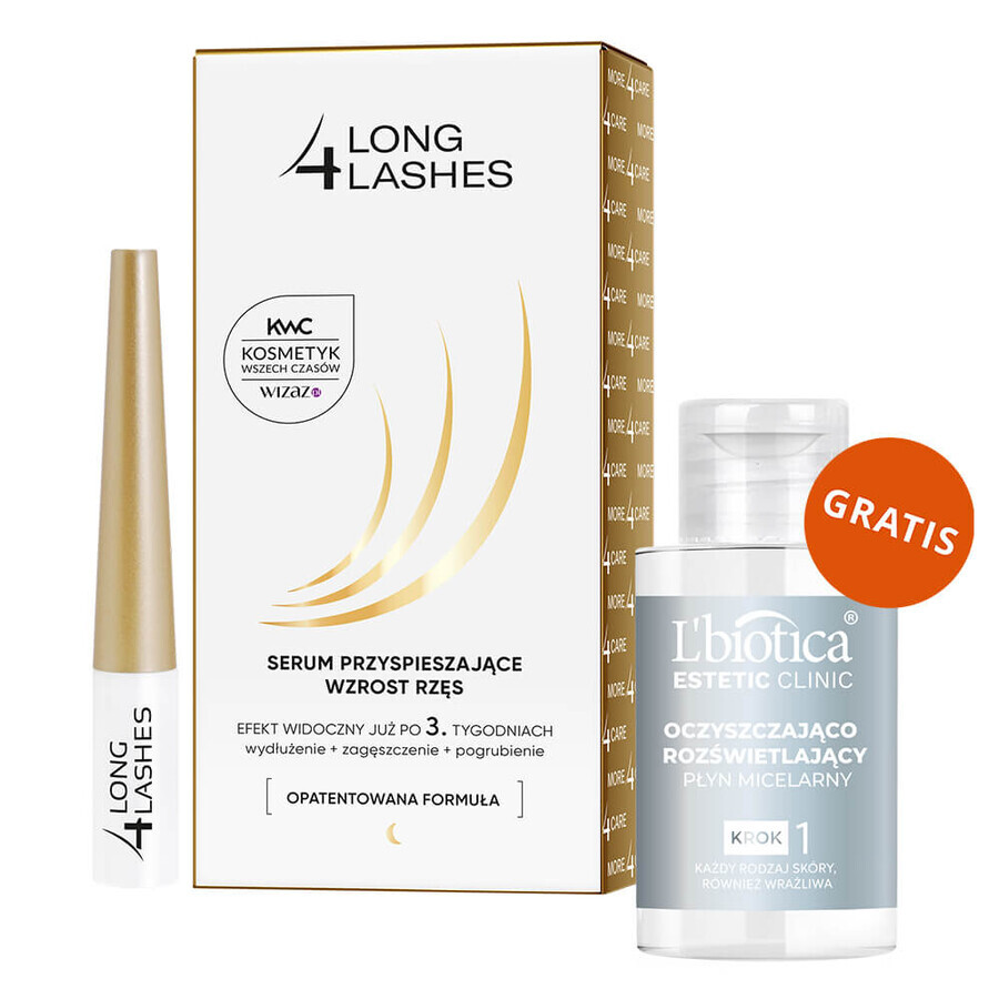 Long 4 Lashes, sérum accélérateur de croissance des cils, 3 ml + L'Biotica Estetic Clinic Pure, solution micellaire nettoyante et illuminante, 50 ml gratuit