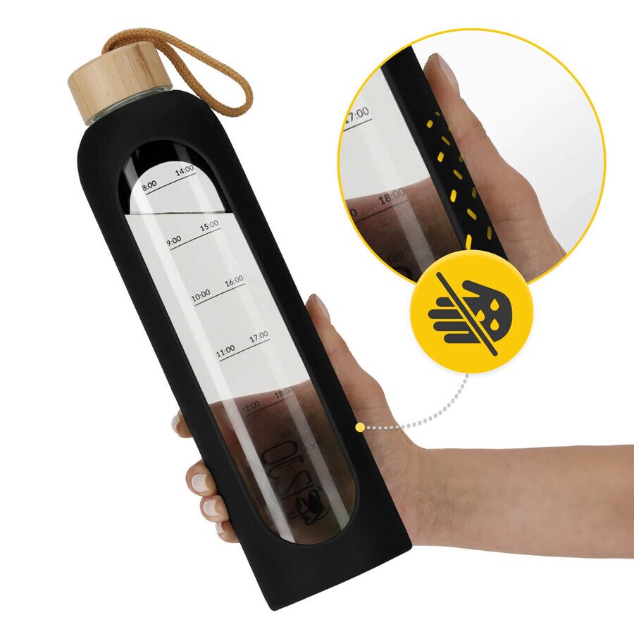 4Fizjo, Glaswasserflasche in Silikonhülle, Motivationsflasche, schwarz, 1 l