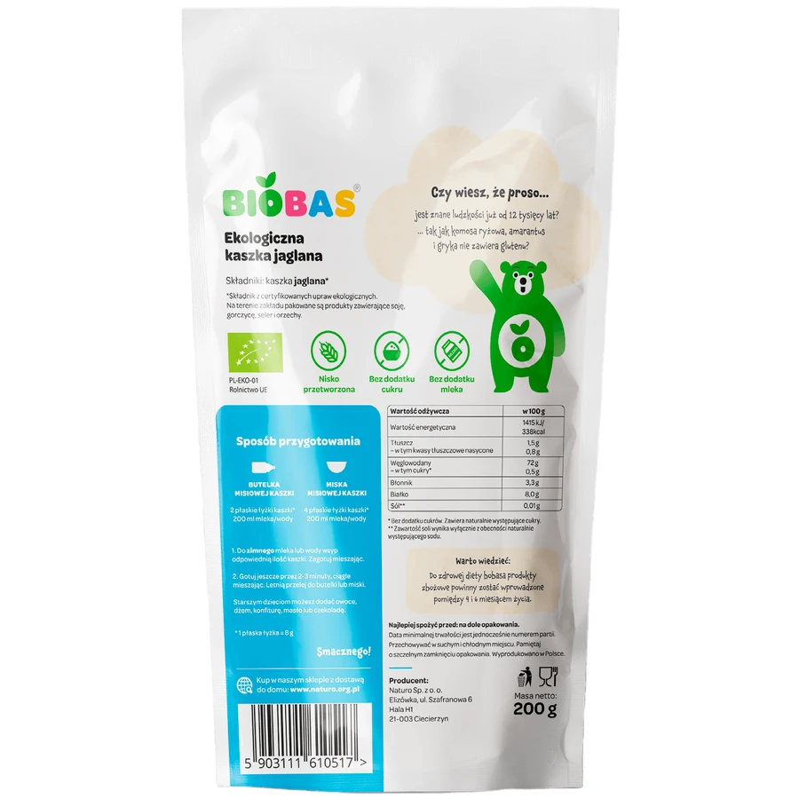 BioBas Bio millet porridge, no added sugar, from 6 months, 200 g