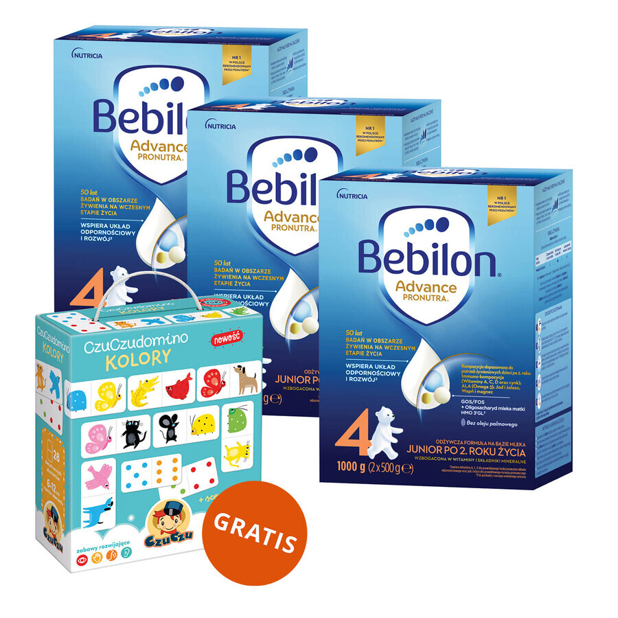 Set Bebilon Advance Pronutra 4 Junior, lait maternisé nutritif, après 2 ans, 3 x 1000 g + CzuCzu, cartes de dominos couleurs libres