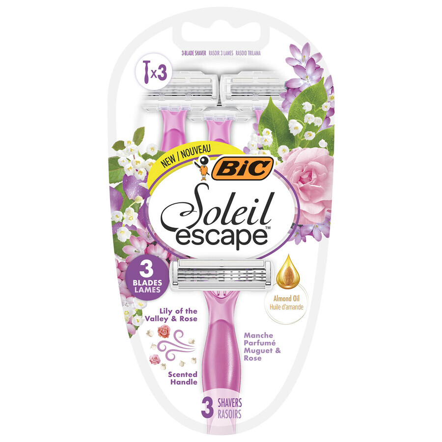 BIC Soleil Escape, women's razor, disposable, three-blade, Lily of the Valley & Rose, 3 pcs.