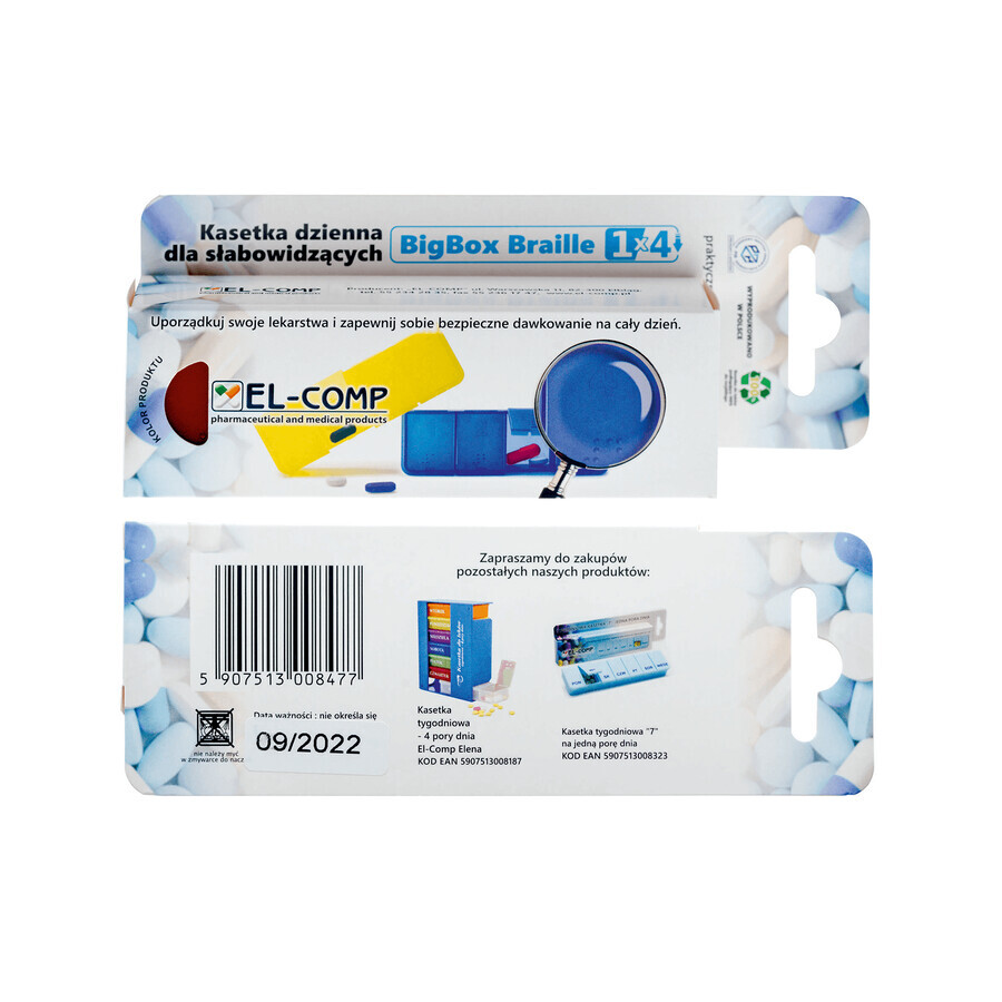 El-Comp Big Box Braile, day medication case, for the visually impaired, 4-chambered