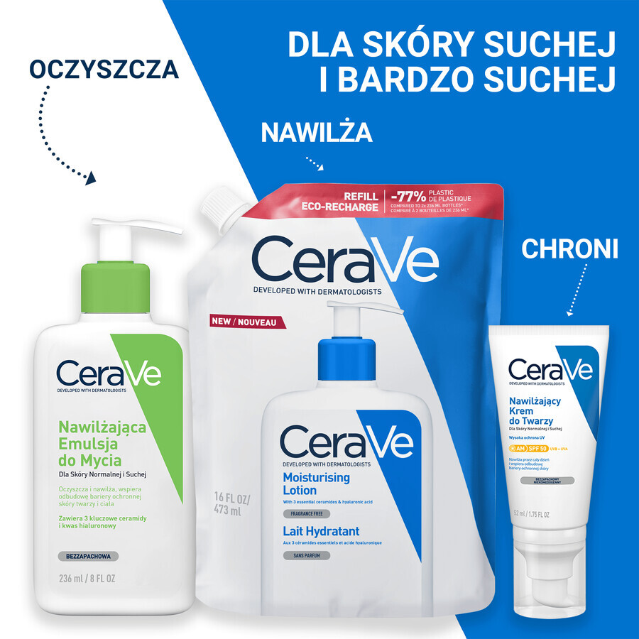 CeraVe, emulsie hidratantă, piele uscată și foarte uscată, rezervă, 473 ml