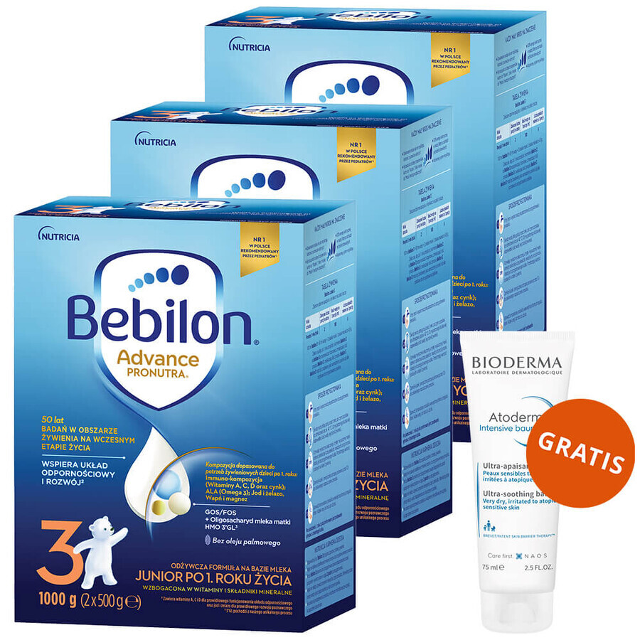 Set Bebilon Advance Pronutra 3 Junior, nährende Formel auf Milchbasis, nach 1 Jahr, 3 x 1000 g + Bioderma Atoderm Intensive Baume, beruhigende Emollient-Lotion, 75 ml gratis