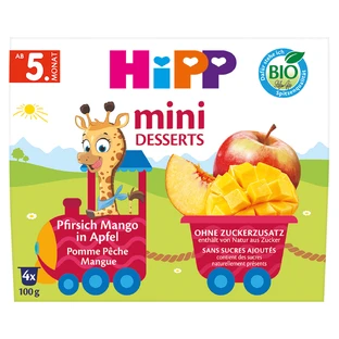 HiPP Mini Dessert Bio, apple, peach, mango, after 5 months, 4 x 100 g