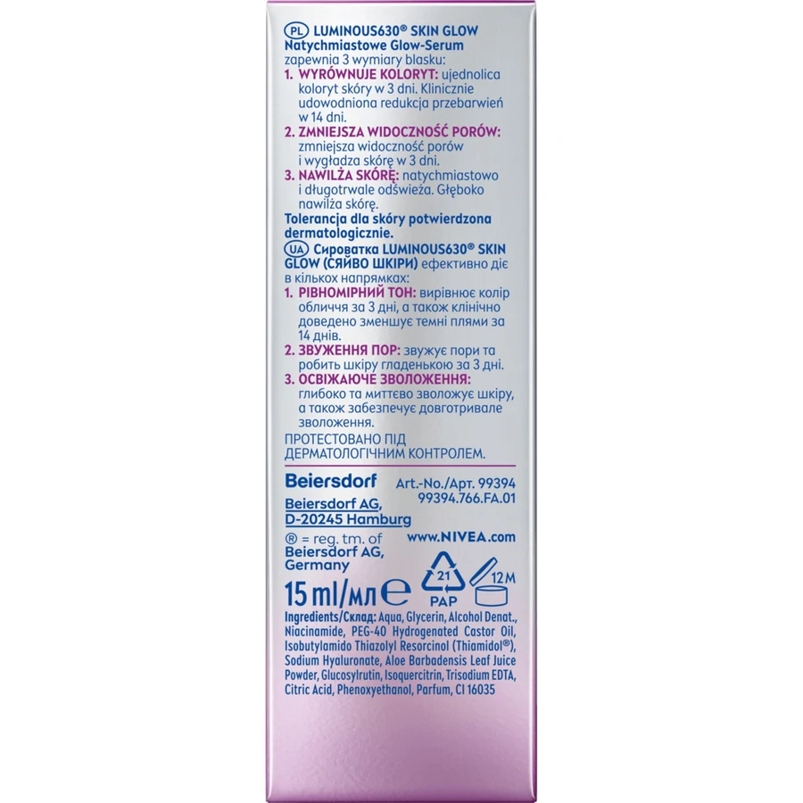 Nivea Luminous 630 Skin Glow, direct-gloeiend serum, 15 ml