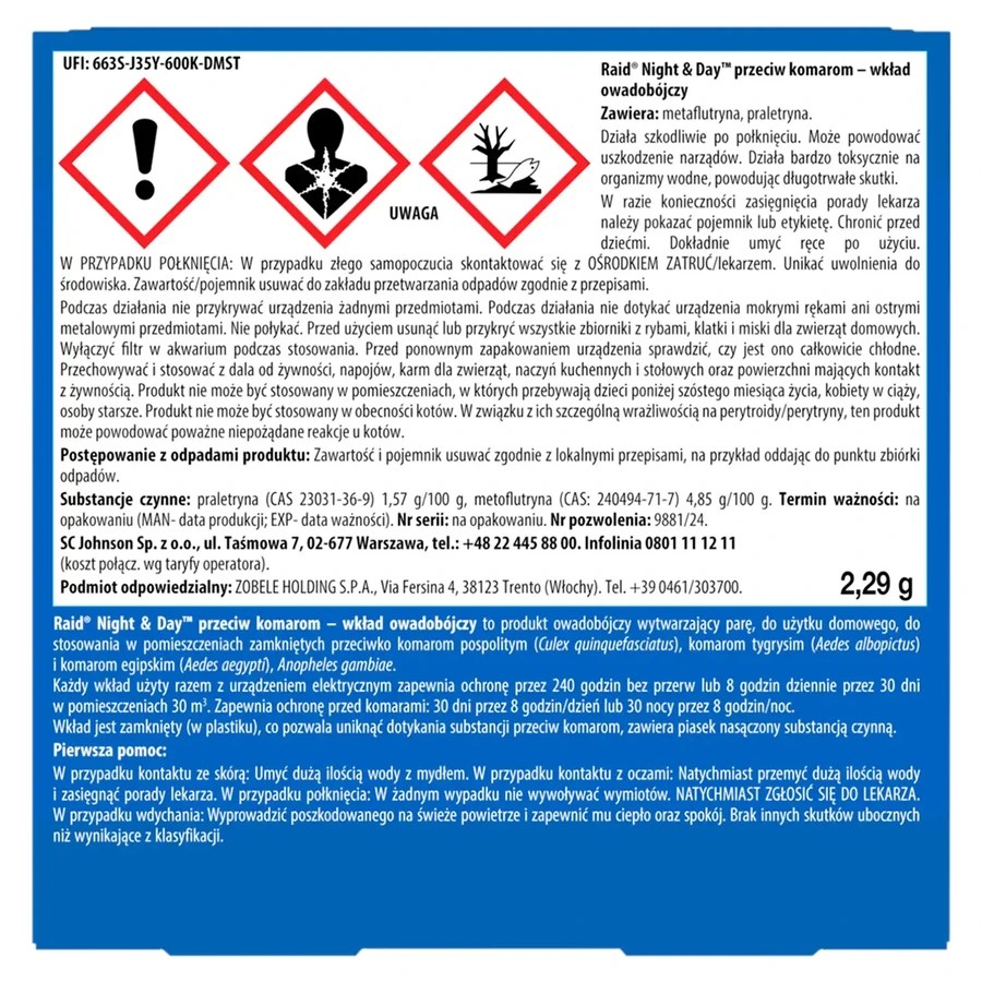Raid Night & Day, insecticide electrofumigant cartridge, 1 piece