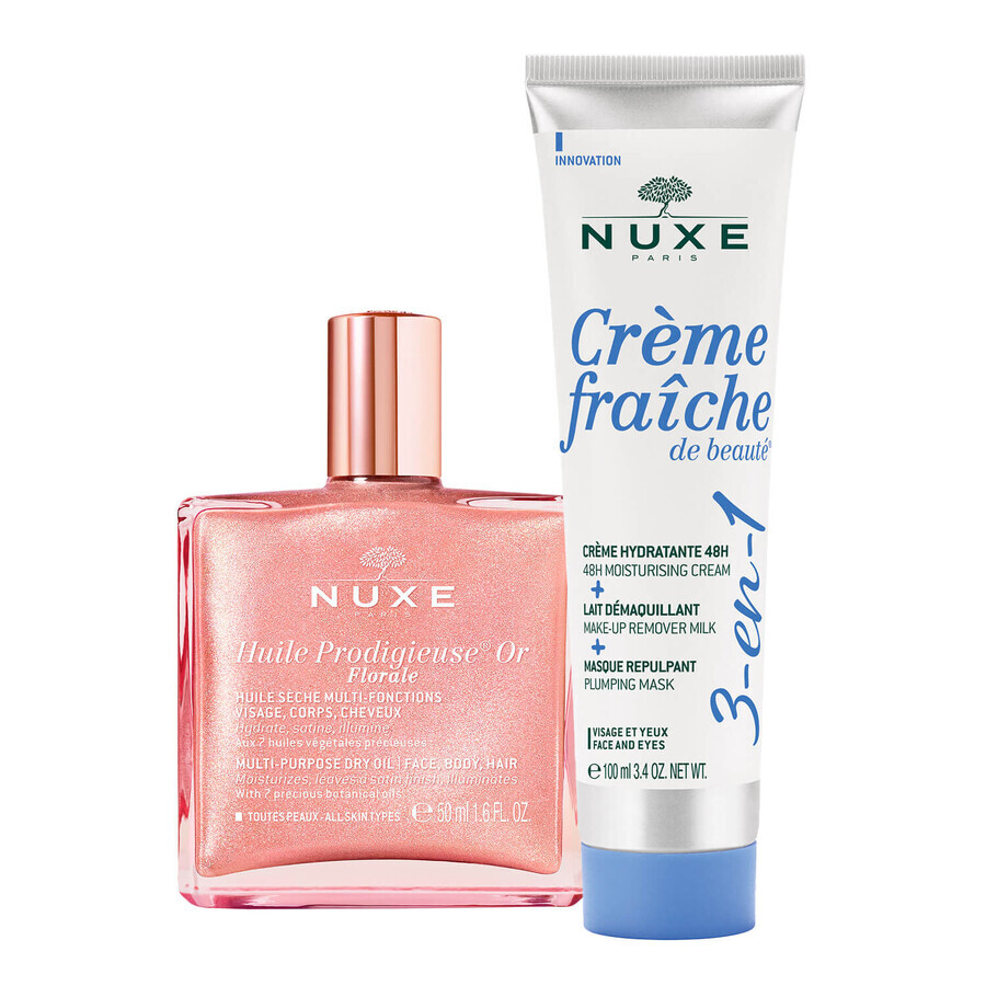 Coffret Nuxe Huile Prodigieuse Florale, huile sèche aux particules dorées pour le corps, le visage et les cheveux, 50 ml + crème hydratante 3 en 1, 100 ml pour 1 sou