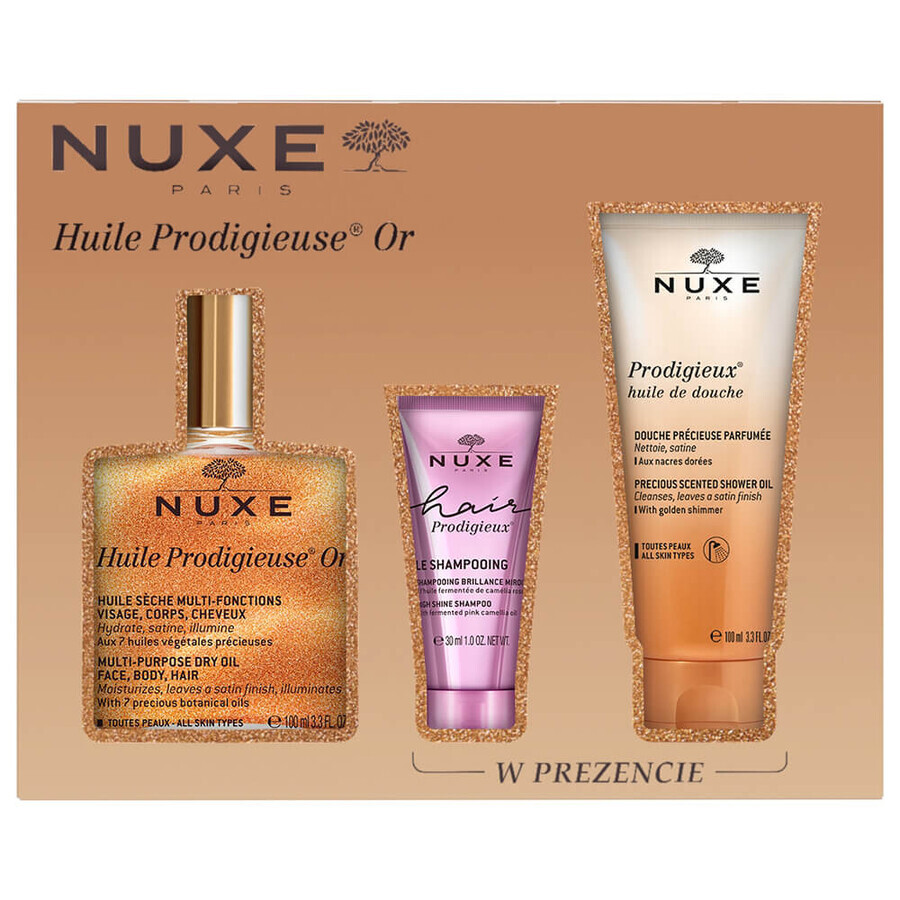 Nuxe Huile Prodigieuse® Or set, dry oil with gold particles 100 ml + shampoo, 30 ml + shower oil, 100 ml
