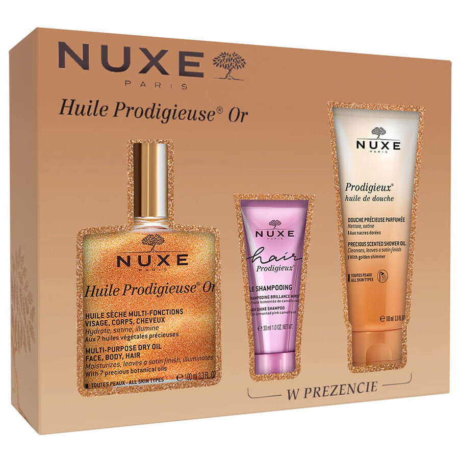 Nuxe Huile Prodigieuse® Or set, dry oil with gold particles 100 ml + shampoo, 30 ml + shower oil, 100 ml