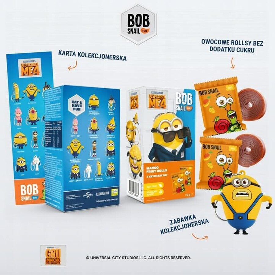 Bob Snail Fun Set, Roll Fruit Snack, mango, 20 g + toy, Minion. Bob Snail Fun Set, Roll Fruit Snack, mango, 20 g + toy, Minion.