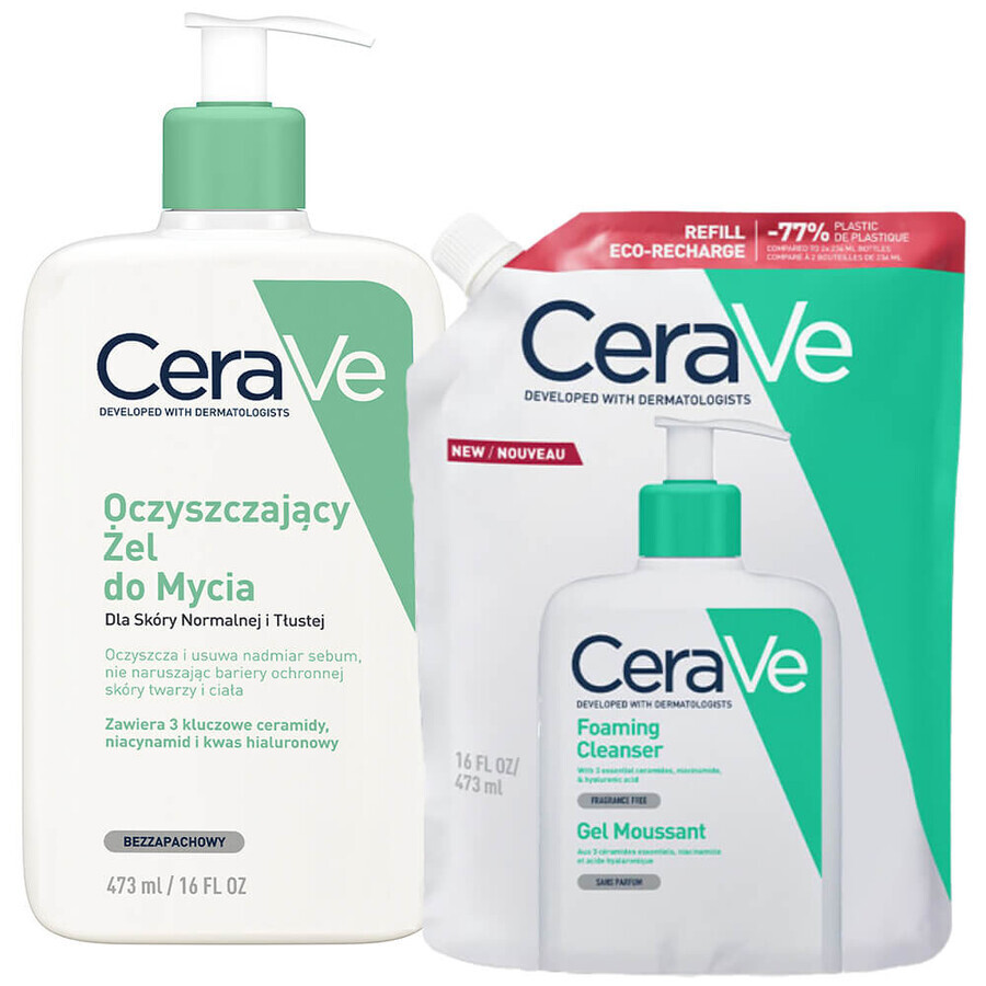 Set CeraVe, gel de curățare cu ceramide, ten normal și gras, 473 ml + rezervă, 473 ml