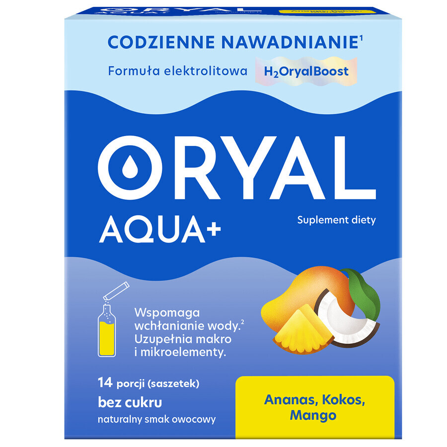 Oryal Aqua+ Pineapple, Coconut, Mango, sugar free, 14 sachets
