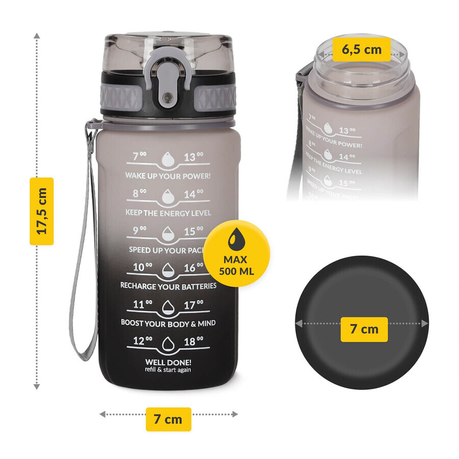 4Fizjo, bouteille d'eau en tritan, bidon de motivation, noir-gris, 500 ml