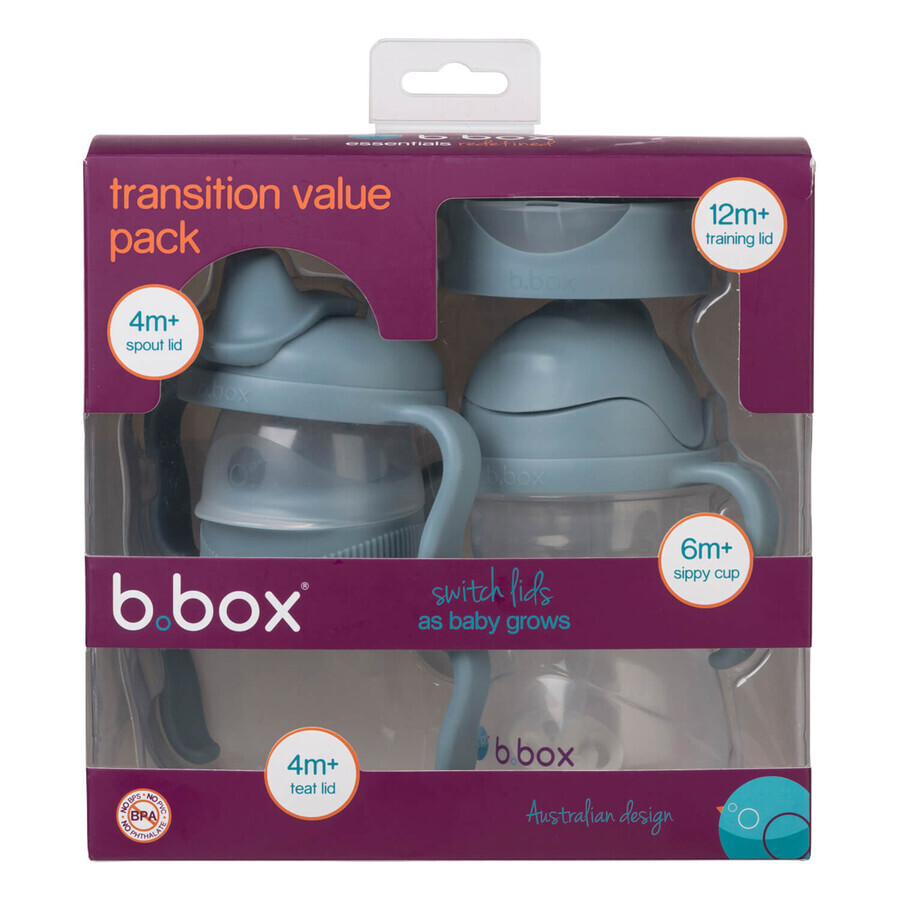 B.Box, ceașcă pentru învățat să bea, set 4 în 1, albastru, de la 4 luni, 240 ml
