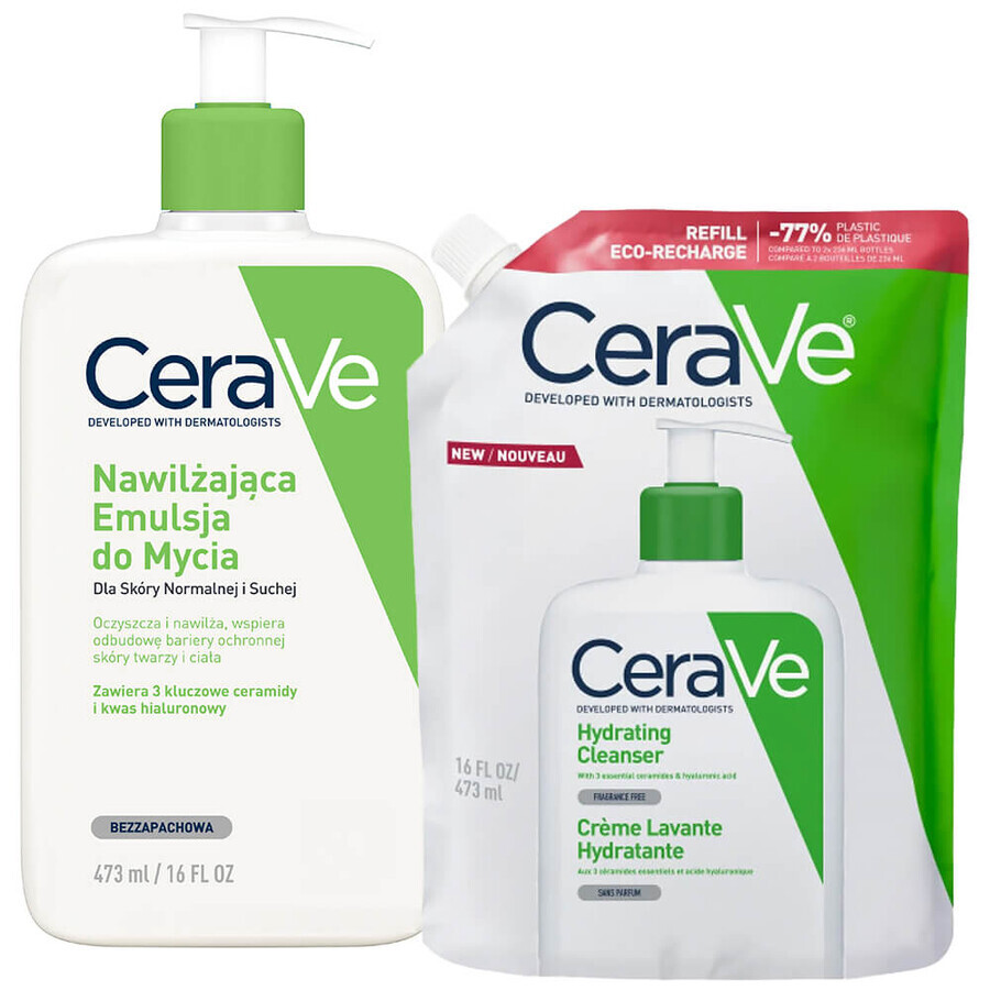 Set CeraVe, emulsione detergente idratante, pelle normale e secca, 473 ml + riserva, 473 ml