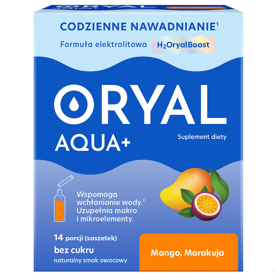 Oryal Aqua+ Mango, Passion Fruit, sugar free, 14 sachets