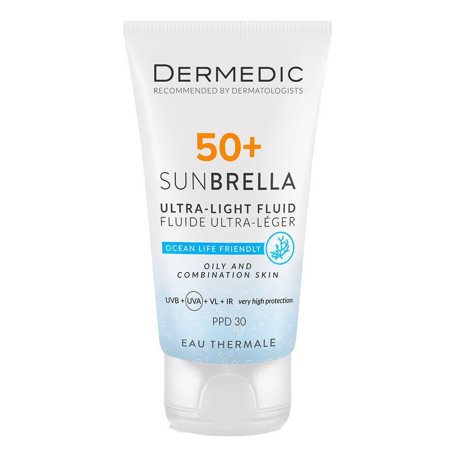 Dermedic Sunbrella, crema protettiva ultraleggera per il viso, pelle grassa e mista, SFP 50+, 40 ml + sacchetto in omaggio