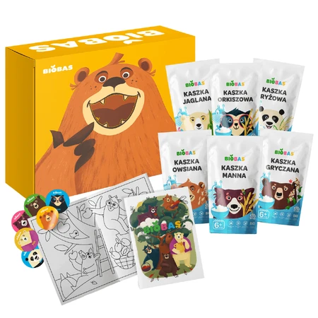 Juego de papillas BioBas, arroz, espelta, mijo, sémola, avena, con libro para colorear y pegatinas, sin azúcares añadidos, a partir de 6 meses, 6 x 200 g