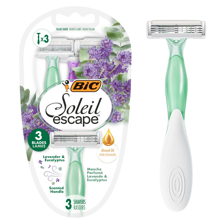 BIC Soleil Escape, rasoio da donna, usa e getta, tre lame, Lavanda ed Eucalipto, 3 pezzi