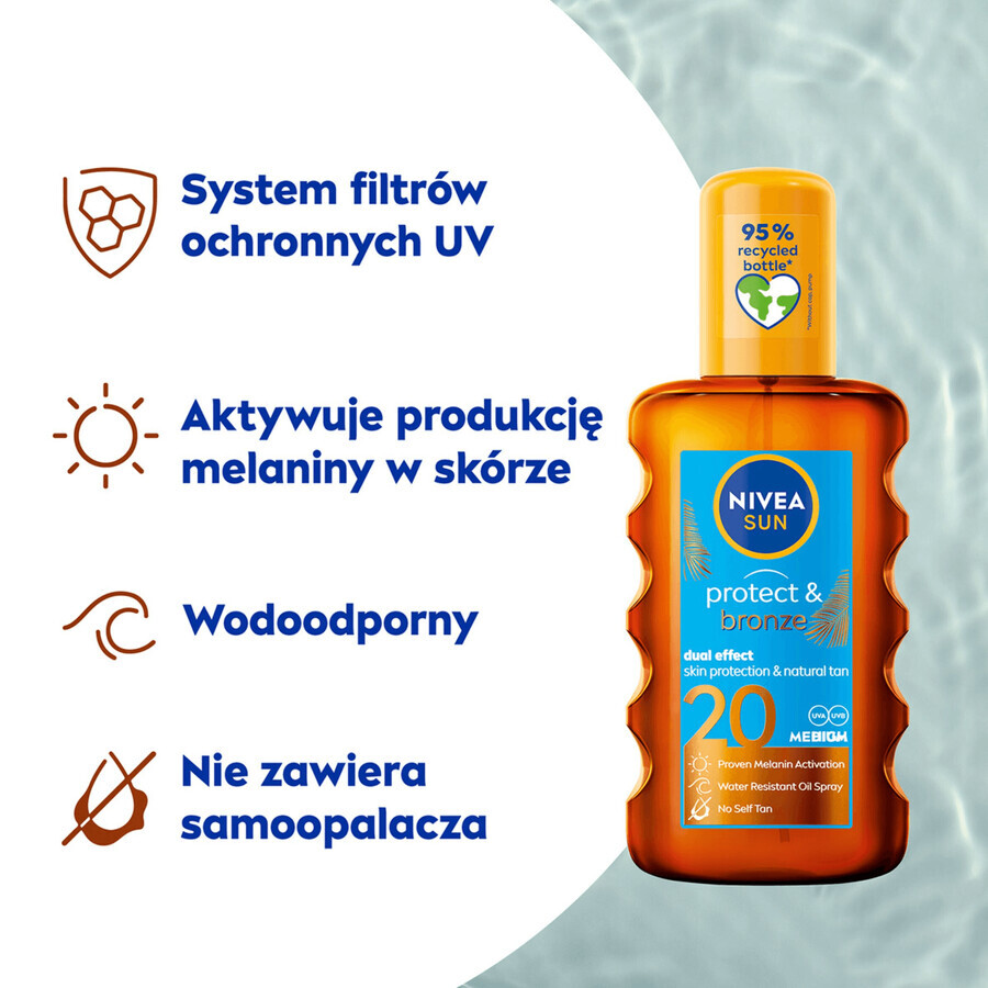 Nivea Sun Protect & Bronze set, Aceite solar en spray activador del bronceado natural, FPS 20, 200 ml + gel-crema calmante para después del sol, 175 ml + toalla de playa gratis