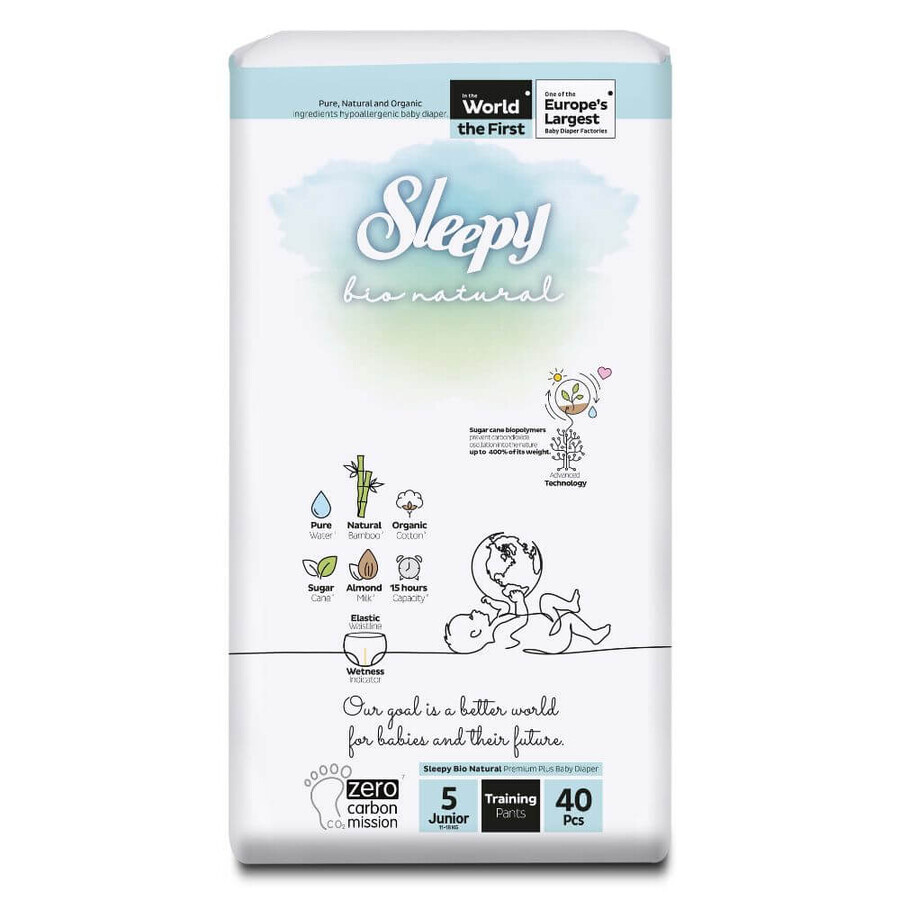 Pañales junior, nº 5, 11-18 kg, 40 uds, Sleepy Bio Natural