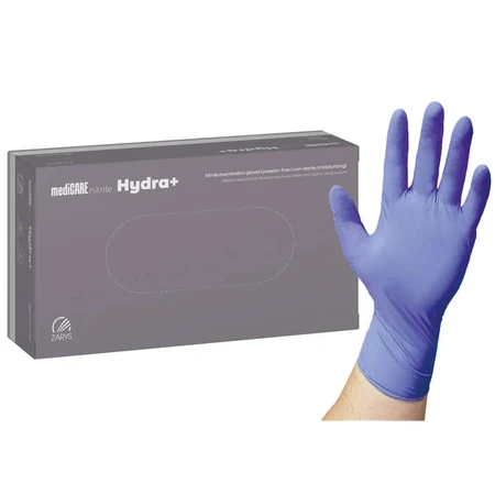 MediCare Nitrile Hydra+, guantes de nitrilo, no estériles, sin polvo, azules, talla S, 100 unidades