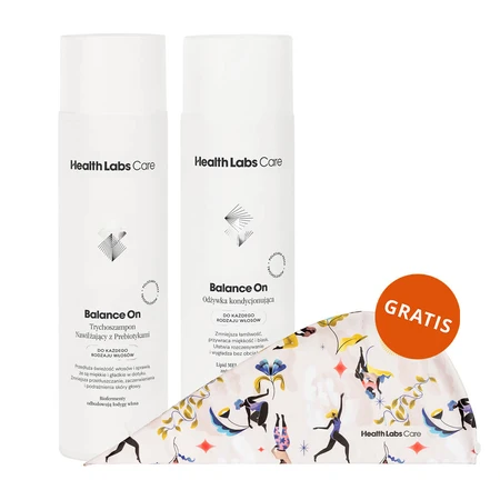 Kit Health Labs Balance On, trichocampooing hydratant prébiotique, 250ml + revitalisant pour la tige du cheveu, 200ml + turban gratuit pour les cheveux