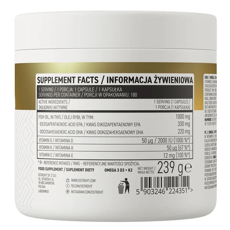 OstroVit Omega 3, D3 + K2, 180 cápsulas