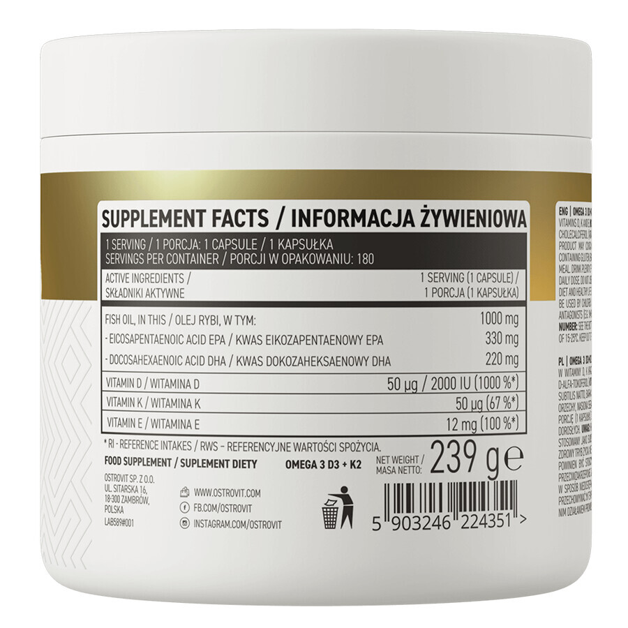 OstroVit Omega 3, D3 + K2, 180 capsule