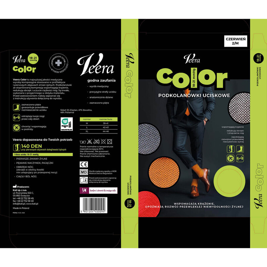 Veera Color, calcetines de compresión hasta la rodilla para hombre, 18-21 mmHg, rojo, talla M