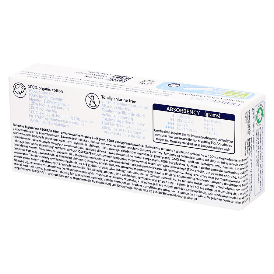 Natracare, tampons hygiéniques en coton biologique, réguliers, 20 pièces
