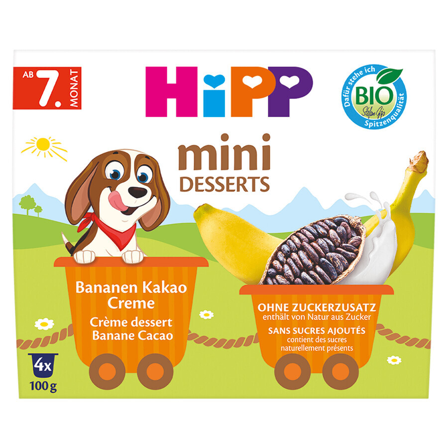 HiPP Mini Dessert Bio, room met banaan en cacao, na 7 maanden, 4 x 100 g