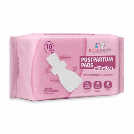 Bocioland, postpartum pads with wings, high absorbency, day and night, 10 pieces