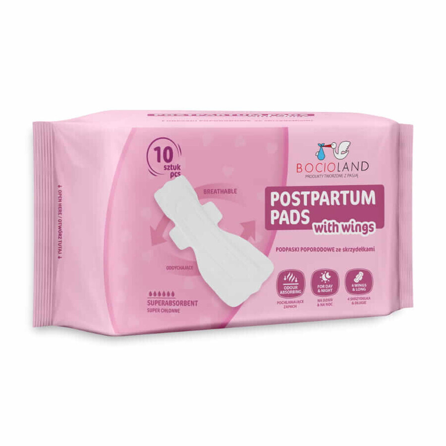 Bocioland, coussinets postnatals avec ailettes, très absorbants, jour et nuit, 10 pièces