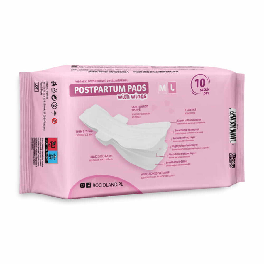 Bocioland, coussinets postnatals avec ailettes, très absorbants, jour et nuit, 10 pièces