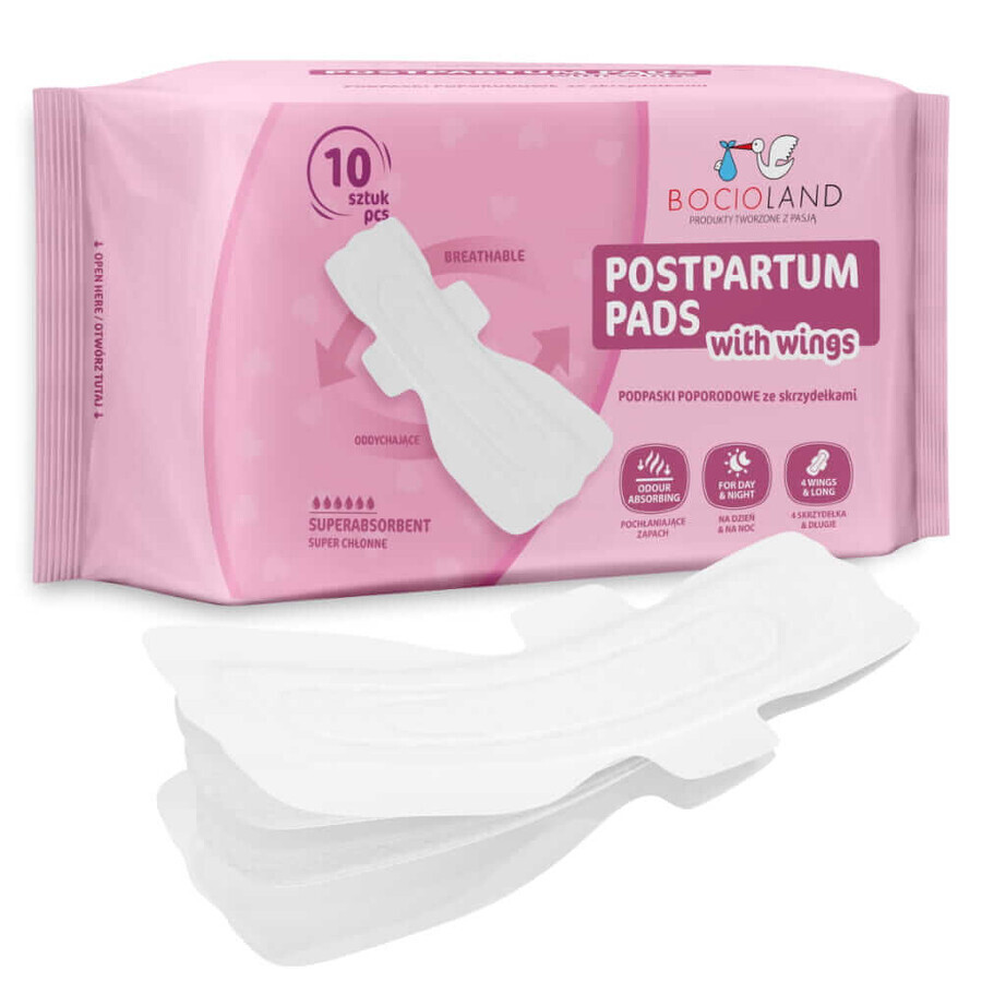 Bocioland, coussinets postnatals avec ailettes, très absorbants, jour et nuit, 10 pièces
