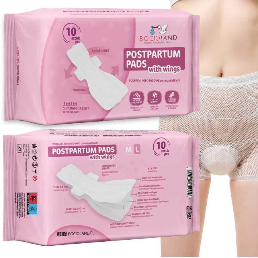 Bocioland, coussinets postnatals avec ailettes, très absorbants, jour et nuit, 10 pièces