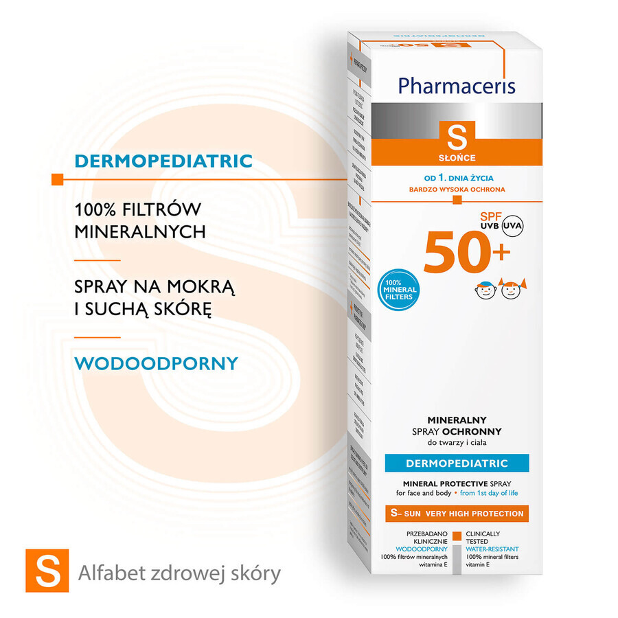 Pharmaceris S Dermopediatric, spray protector mineral para niños, cara y cuerpo, desde el primer día, resistente al agua, FPS 50+, 100 ml + juego familiar Dobble gratis