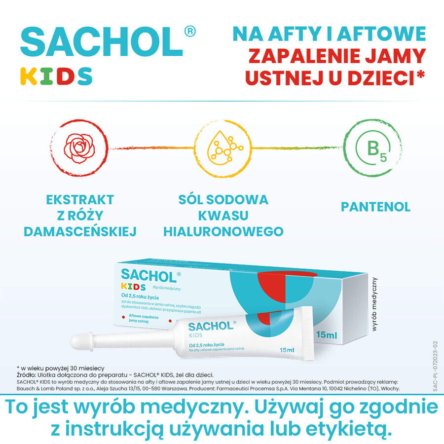 Sachol Kids para aftas y estomatitis aftosas, gel, 15 ml