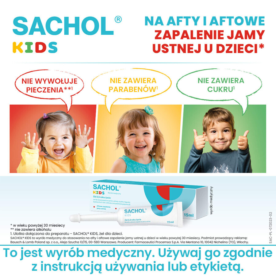 Sachol Kids para aftas y estomatitis aftosas, gel, 15 ml